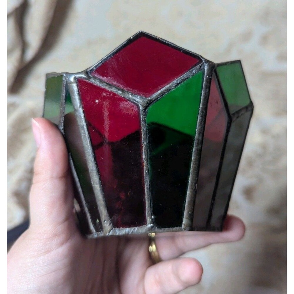 Stained Glass Christmas Votive Candle Holder Leaded Glass Red & Green